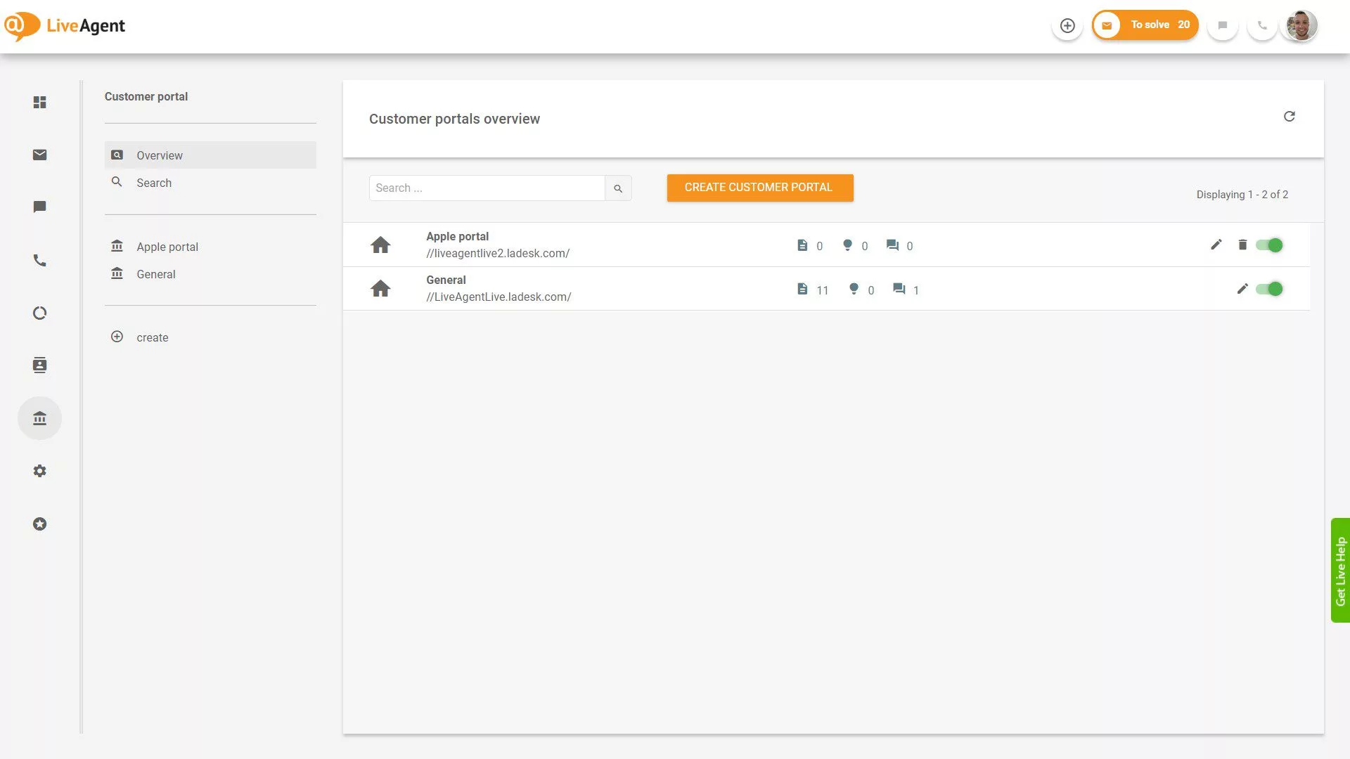 LiveAgent piletite ülevaade rakenduses