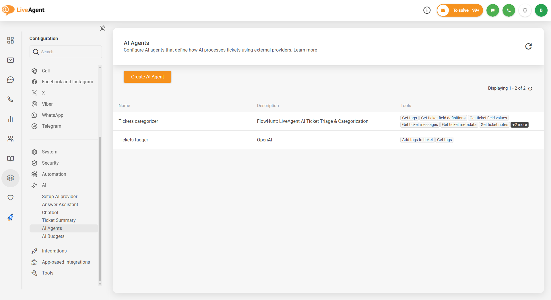 LiveAgent AI agentide seadistuskuva, kus on loetletud piletite kategoriseerija ja piletite märgendaja agendid