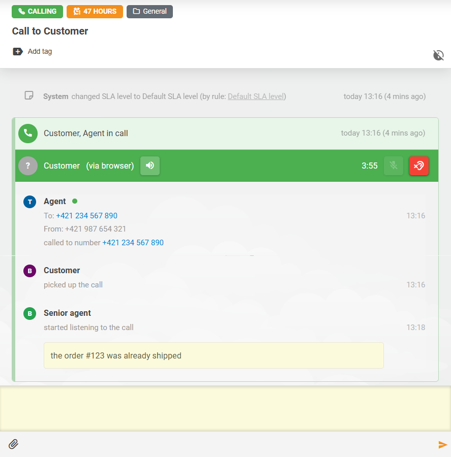 LiveAgenti kõnede kuulamise funktsioon agentide vaheliste märkmete interaktsiooni näitamisega