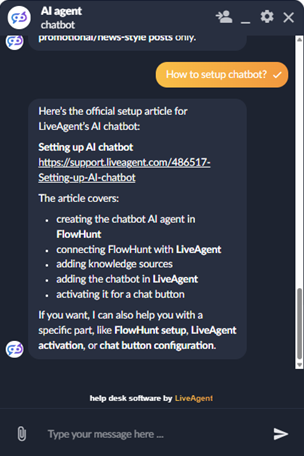 LiveAgent AI Agent vestlus markdown toega