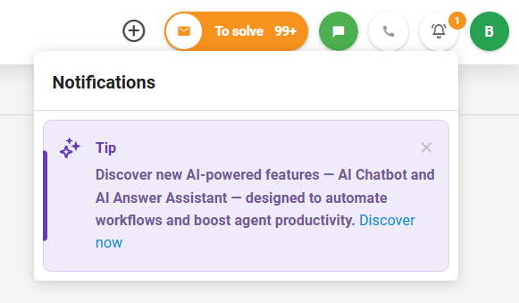 LiveAgenti uue rakendusesisese uudistepaneeli kuvatõmmis, mis näitab teateid ja uuendusi