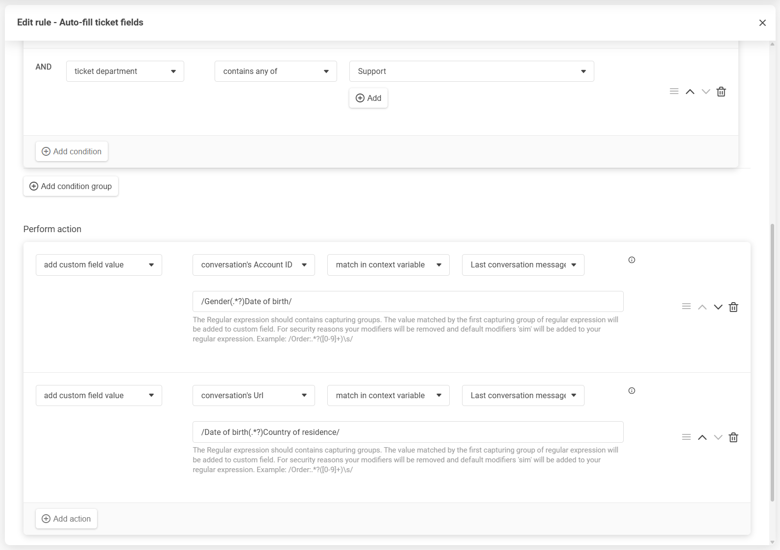 LiveAgent'i reeglite redaktor koos tingimuste ja toimingute lohistamisega ümberjärjestamiseks