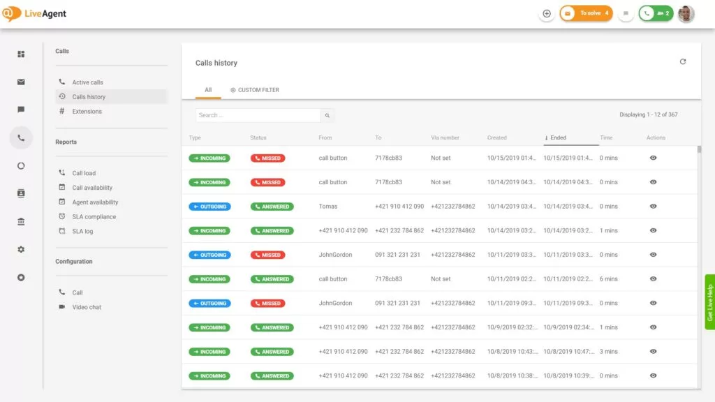 Kõnekeskuse liidese ülevaade LiveAgentis.