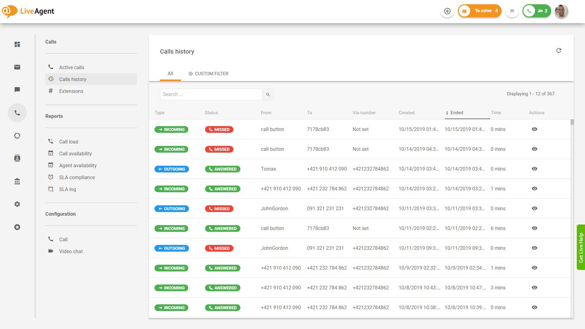 Ülevaade kõnekeskuse liidesest LiveAgentis.
