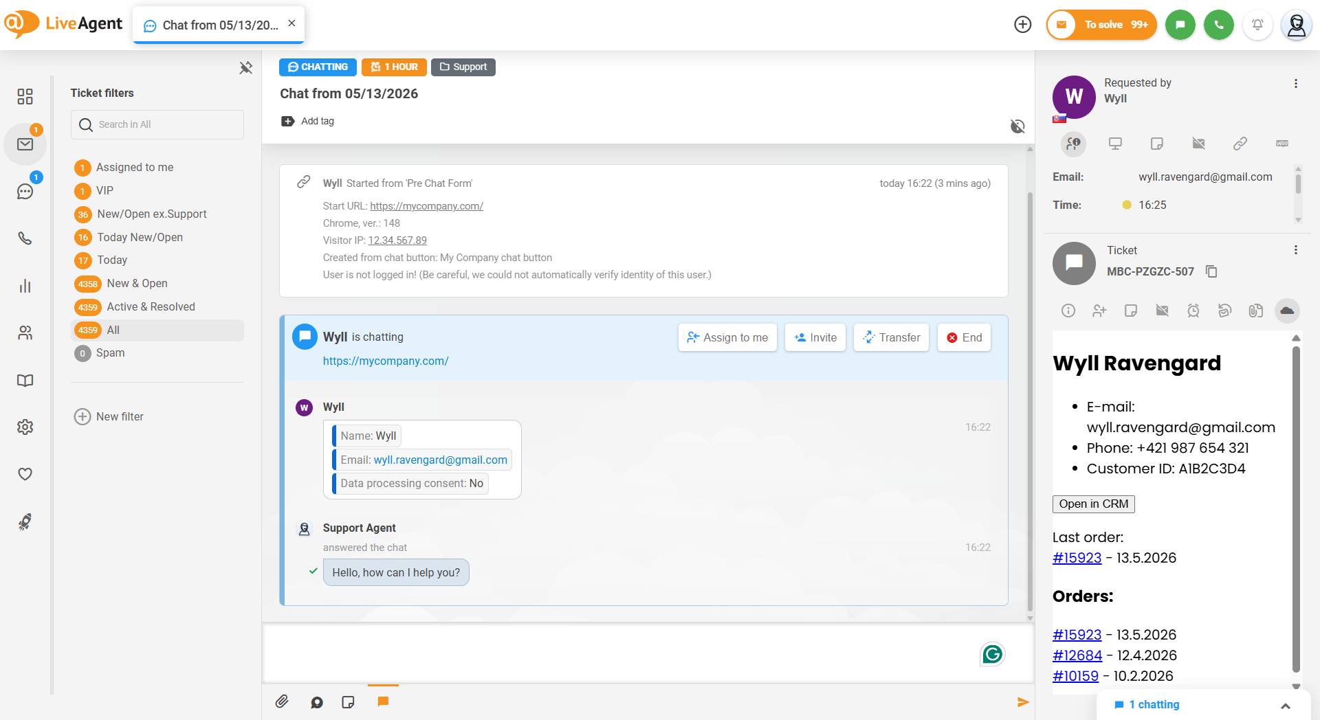 LiveAgent pilet koos kuvatud välistega kliendi teabega