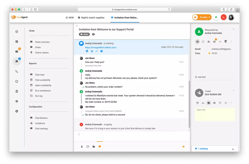Otsevestluse liidese ülevaade LiveAgentis.