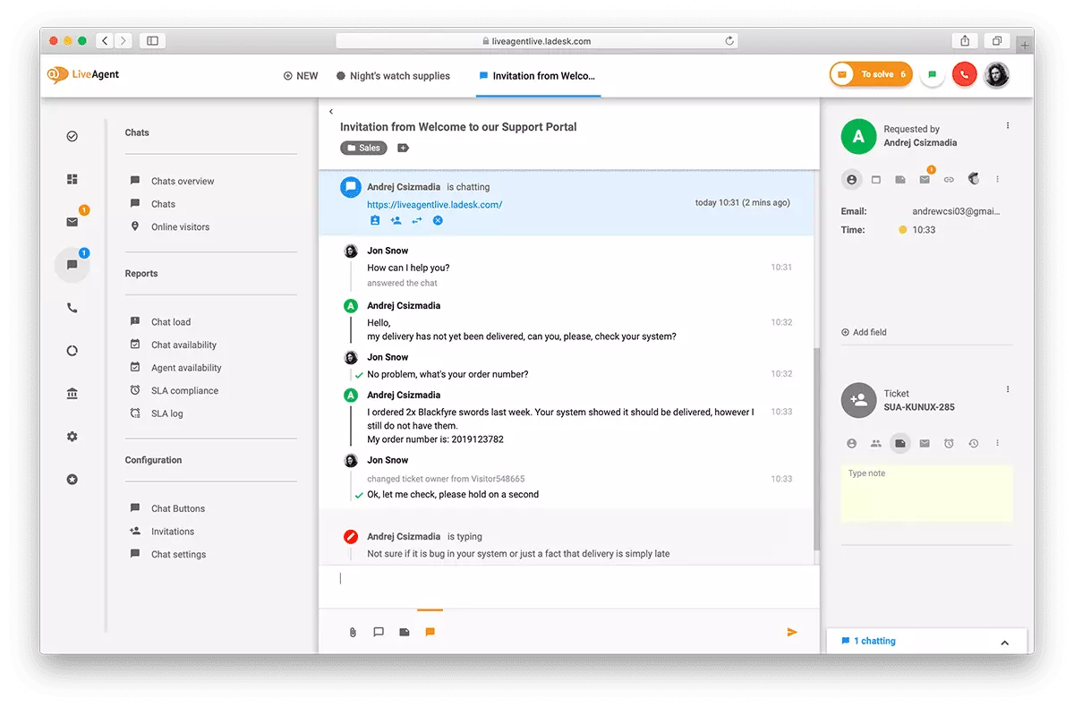 LiveAgenti live-chati liidese ülevaade.