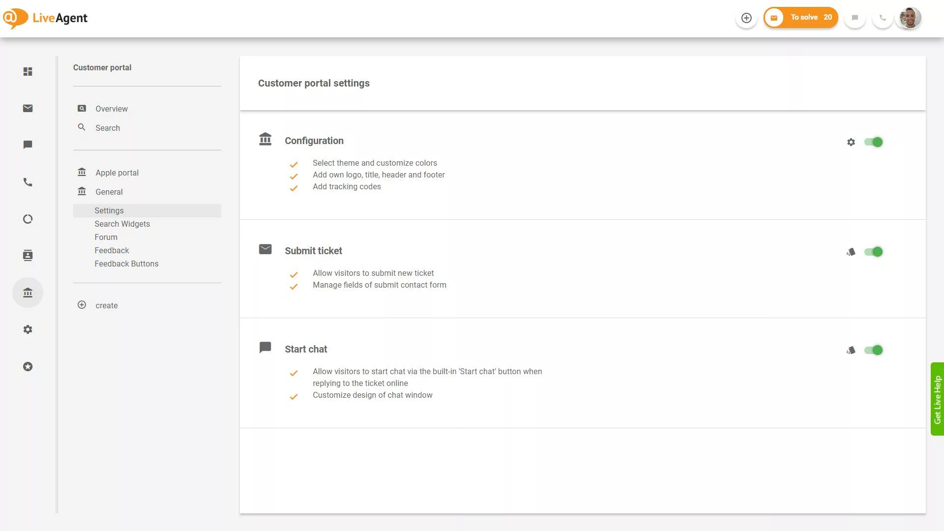 LiveAgent piletite ülevaade rakenduses