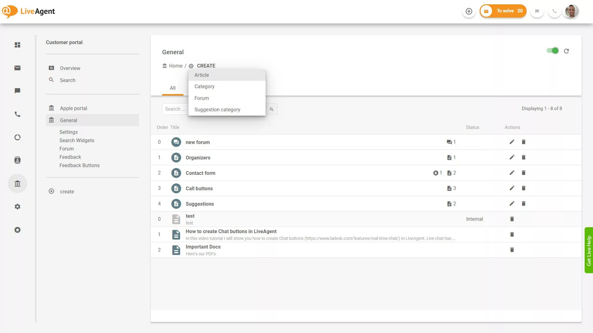 LiveAgent piletite ülevaade rakenduses