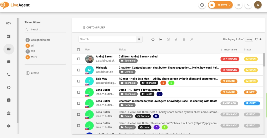Piletisüsteemi liidese ülevaade LiveAgentis.