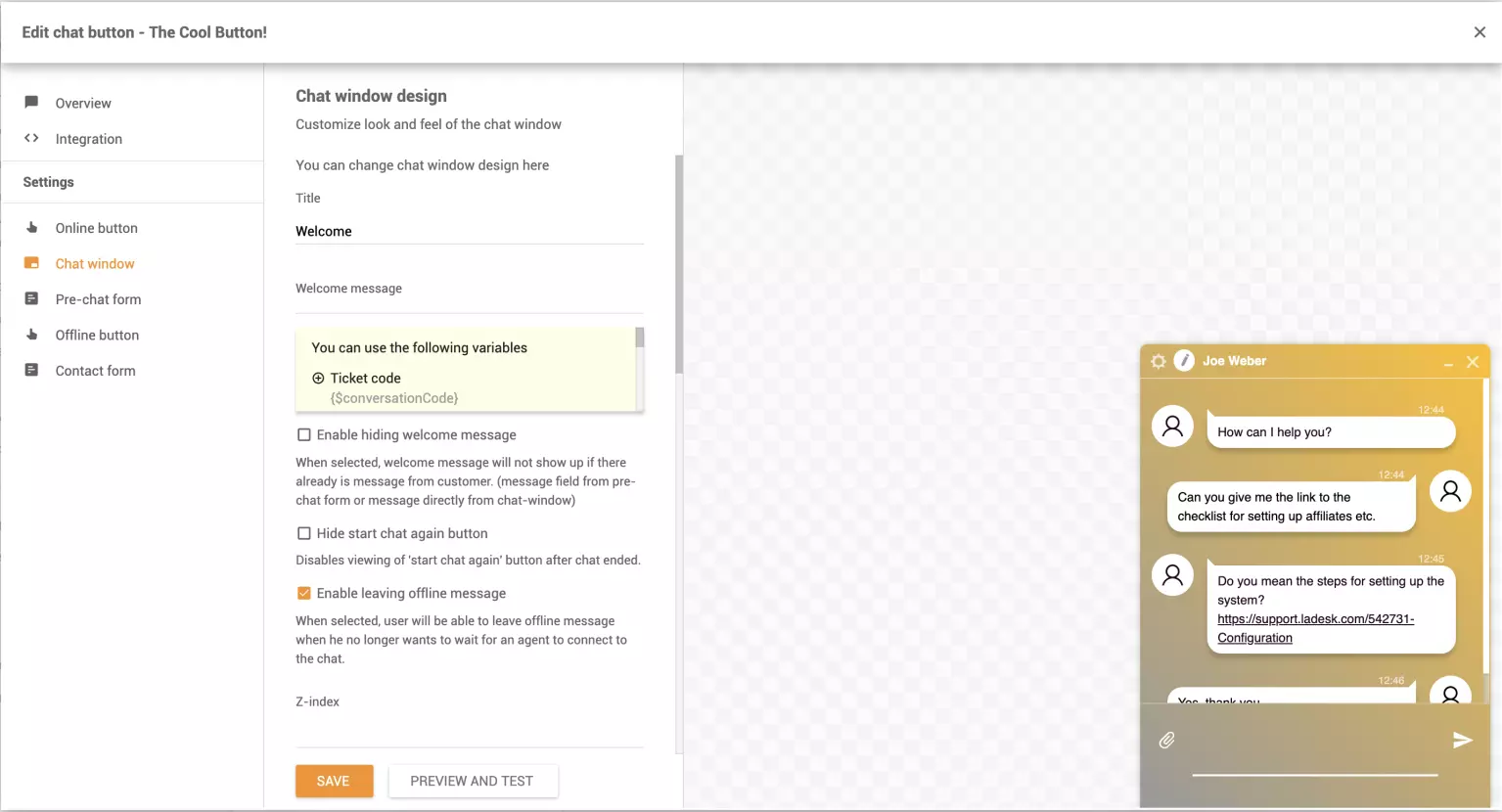 Vestluse akna kohandamine