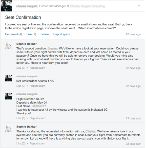 KLM Airlinesi vastus kliendi küsimusele LinkedInis