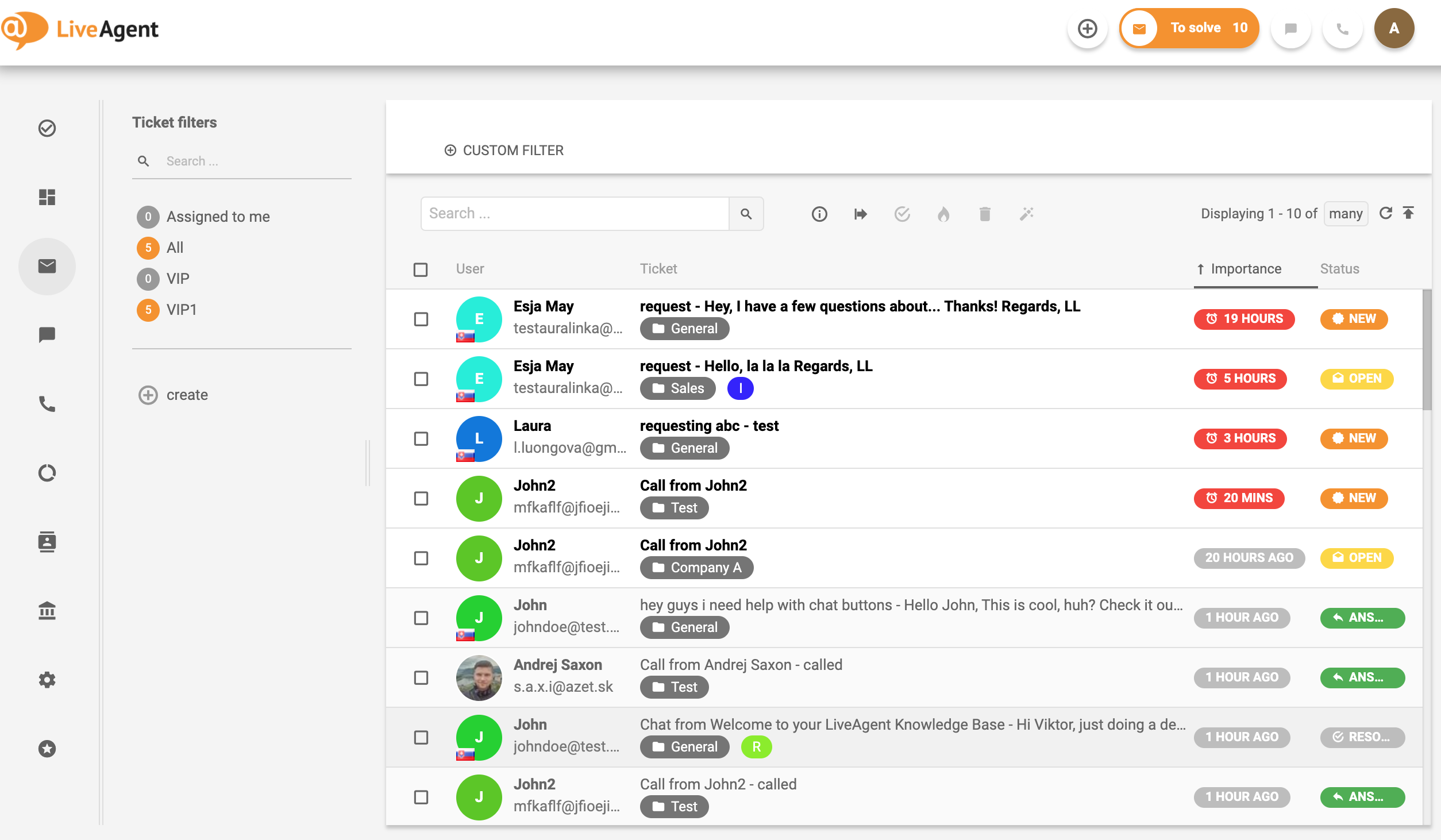 LiveAgent – piletite staatused (näited)