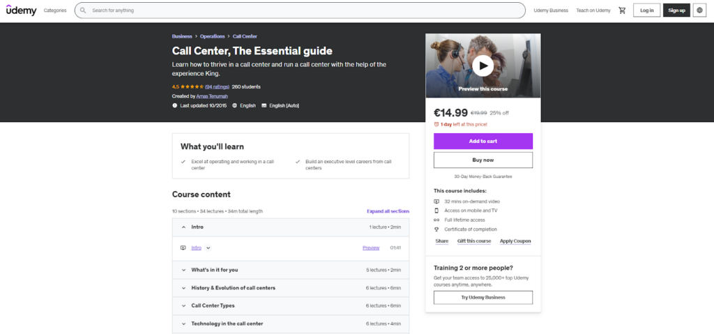 Näide Udemy kursusest kõnekeskuse esindajatele