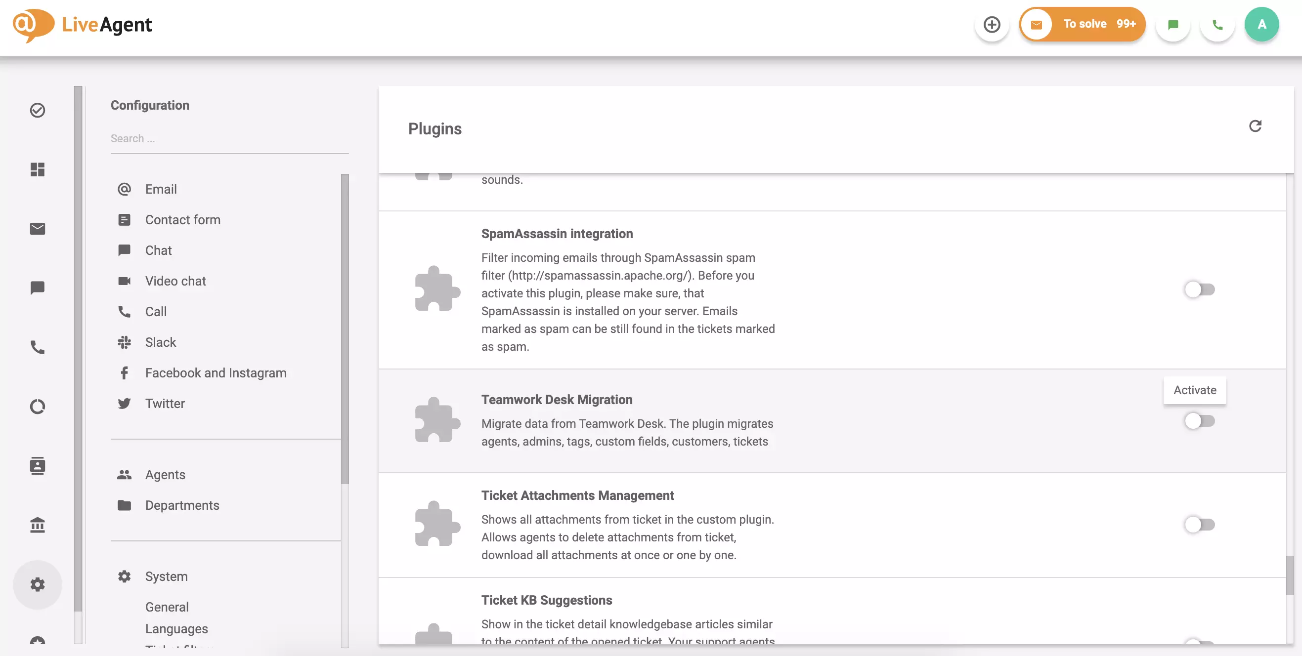 Aktiveerige Teamwork Desk migratsiooni plugin