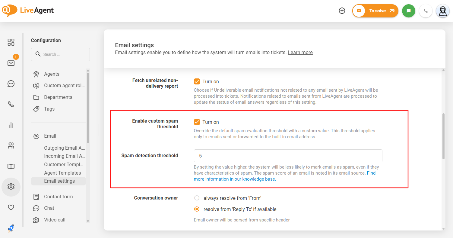 LiveAgent'i kohandatava rämpsposti läve liides