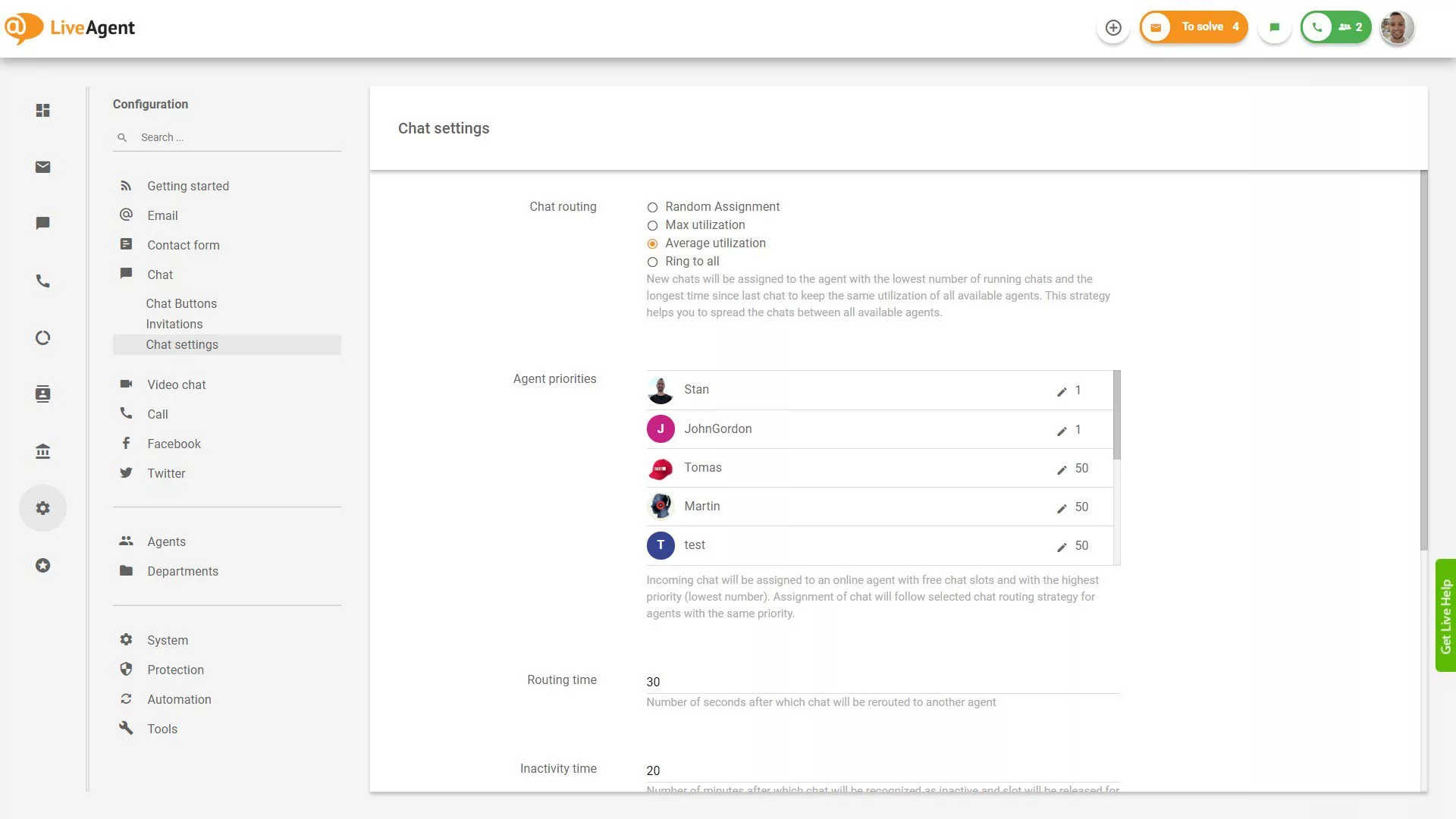 LiveAgent vestluse seaded