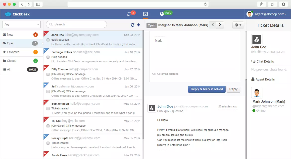 ClickDesk armatuurlaud ja reaalajas vestlus