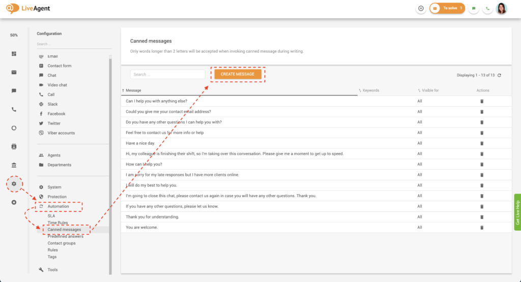 Eelnevalt kirjutatud sõnumite loomine LiveAgentis