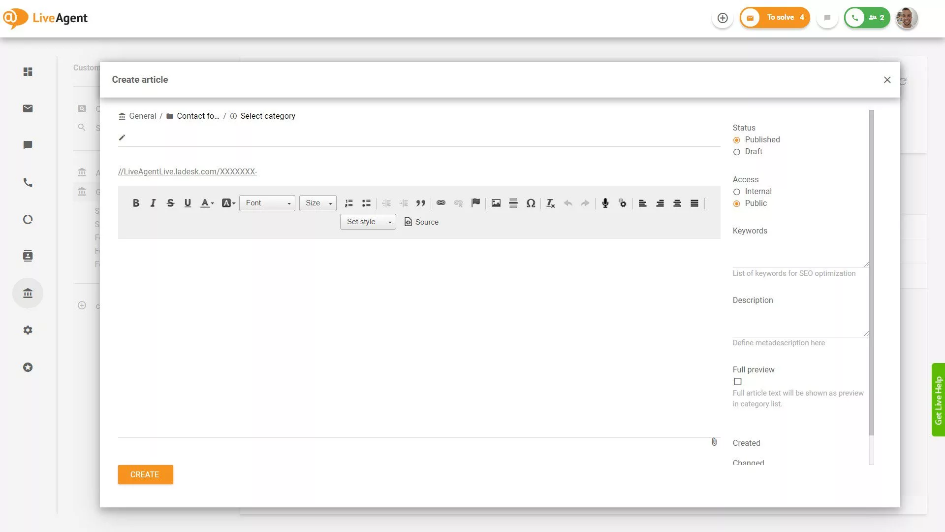 LiveAgent teadmusbaaside artikli loomine