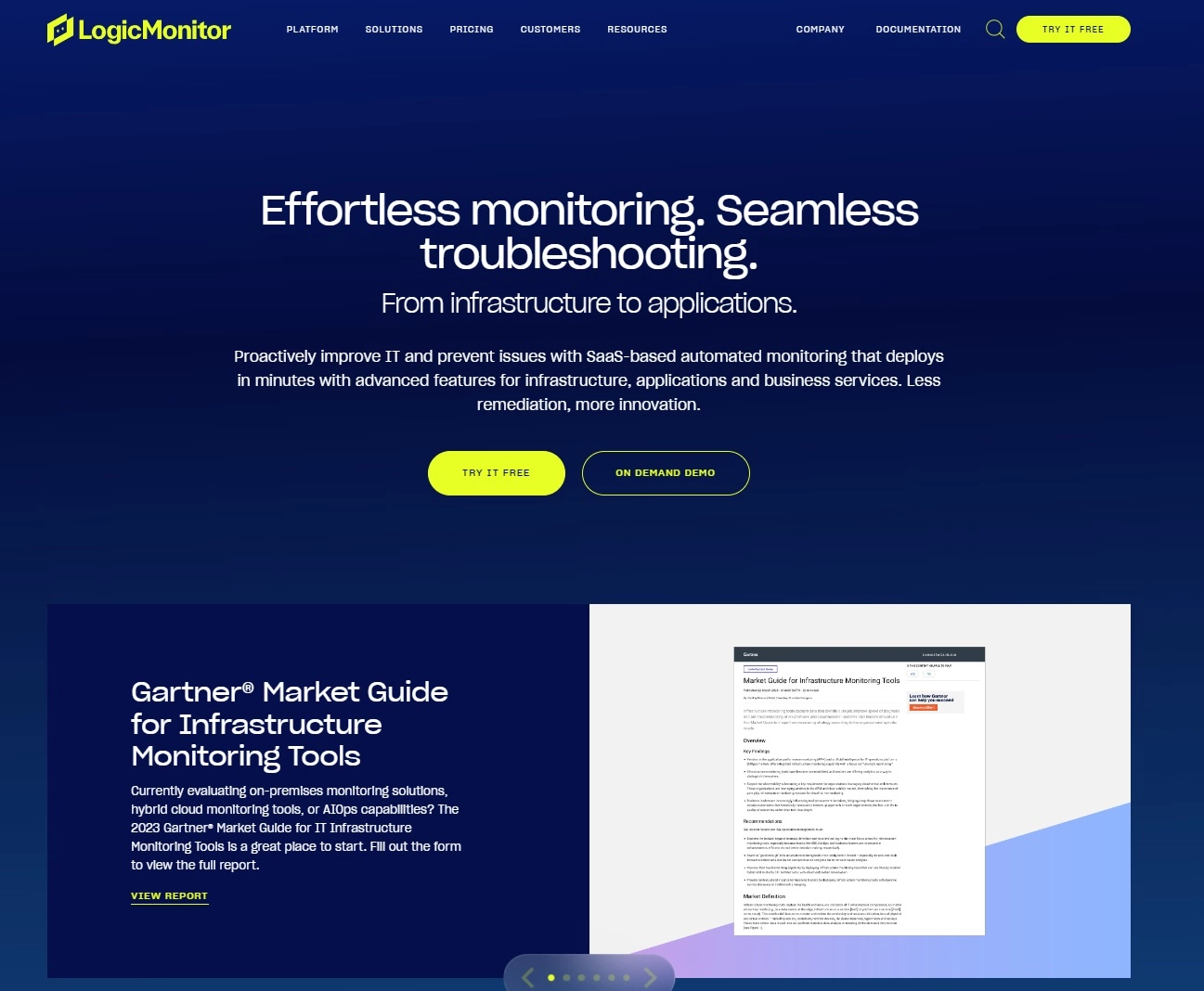 LogicMonitor'i kodulehe pilt - IT jõudluse platvorm hõlpsaks jälgimiseks ja probleemide lahendamiseks