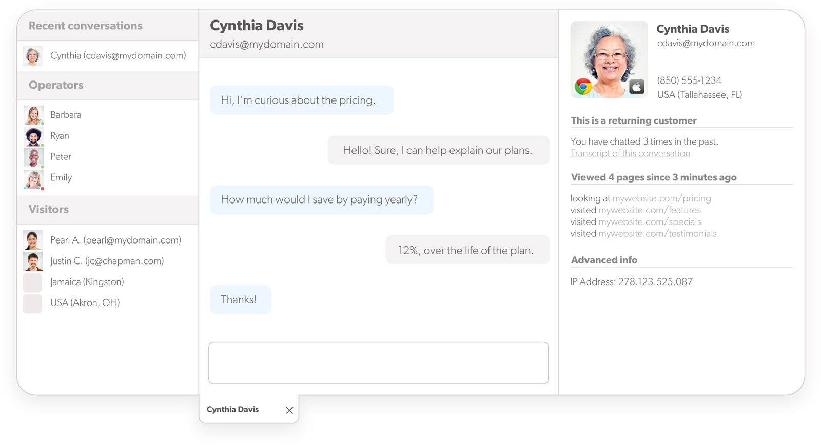 Agendi vaade käimasolevas reaalajas vestluses Olark reaalajas vestluse tarkvara