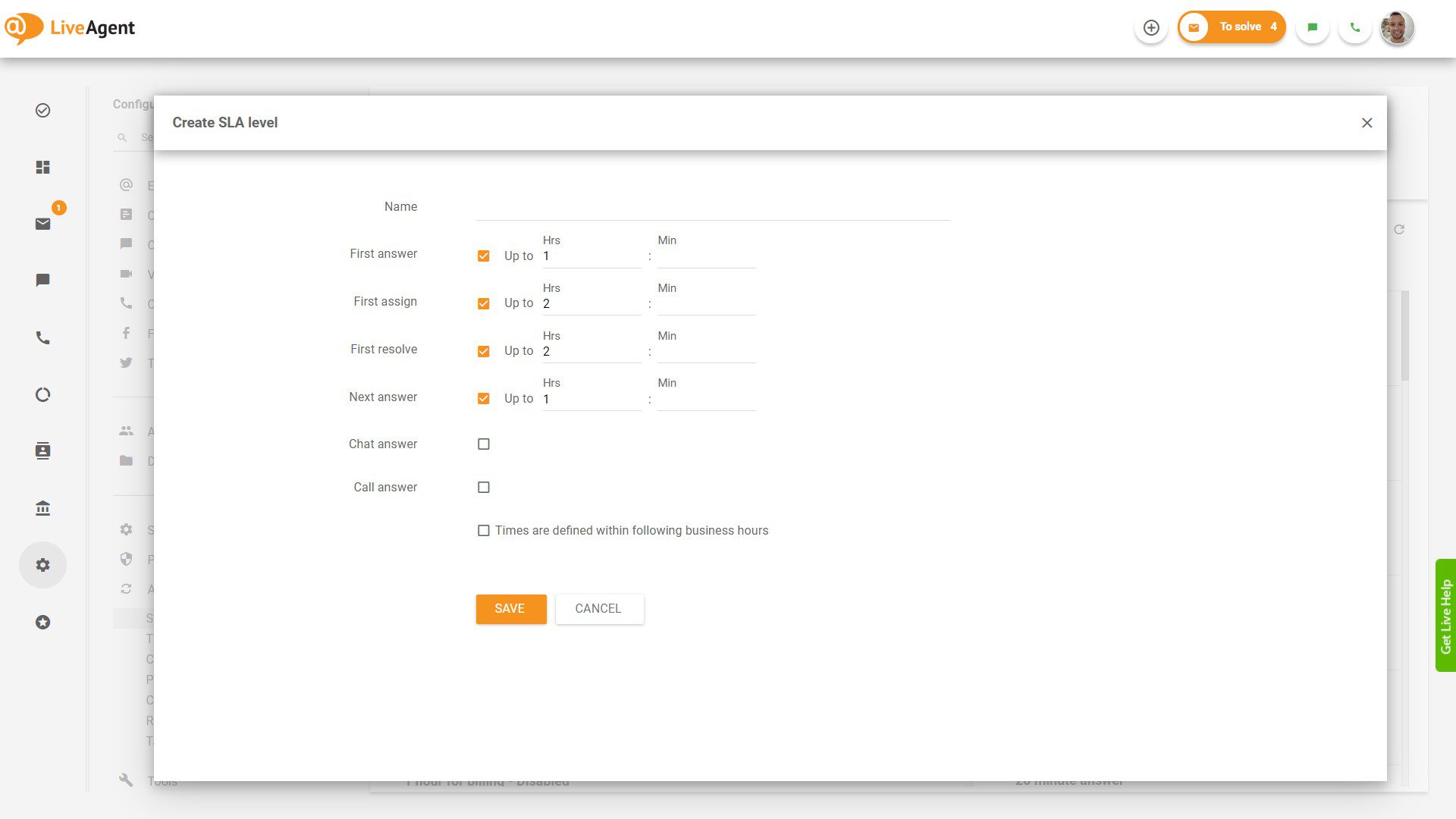 SLA taseme loomine LiveAgentis