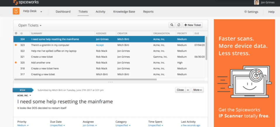 Spiceworks tasuta piletitöö teenus