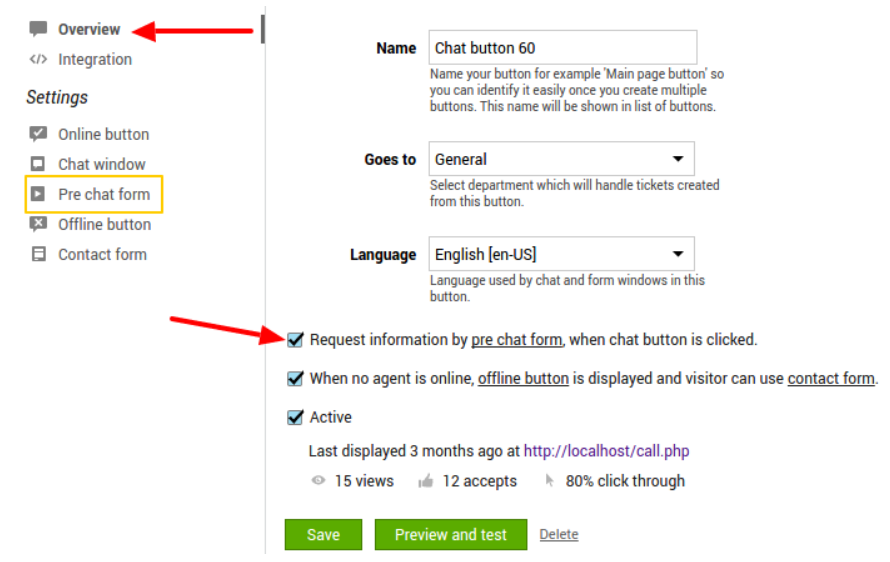 Pilt, mis näitab eelse vestluse sätteid LiveAgent live chat tarkvara jaoks.