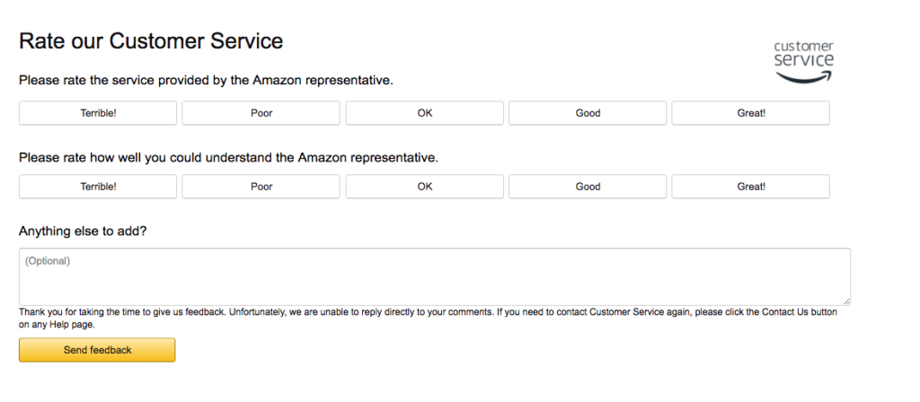Amazon klienditugi uuringu pilt, kuvatava hindamise valikute.