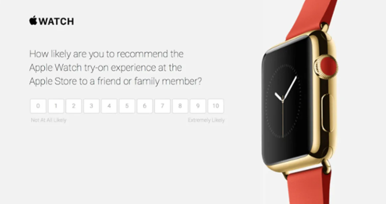 Apple kliendi uuringu pilt, kuvatav valikud Apple watch toote kogemuse hindamiseks.