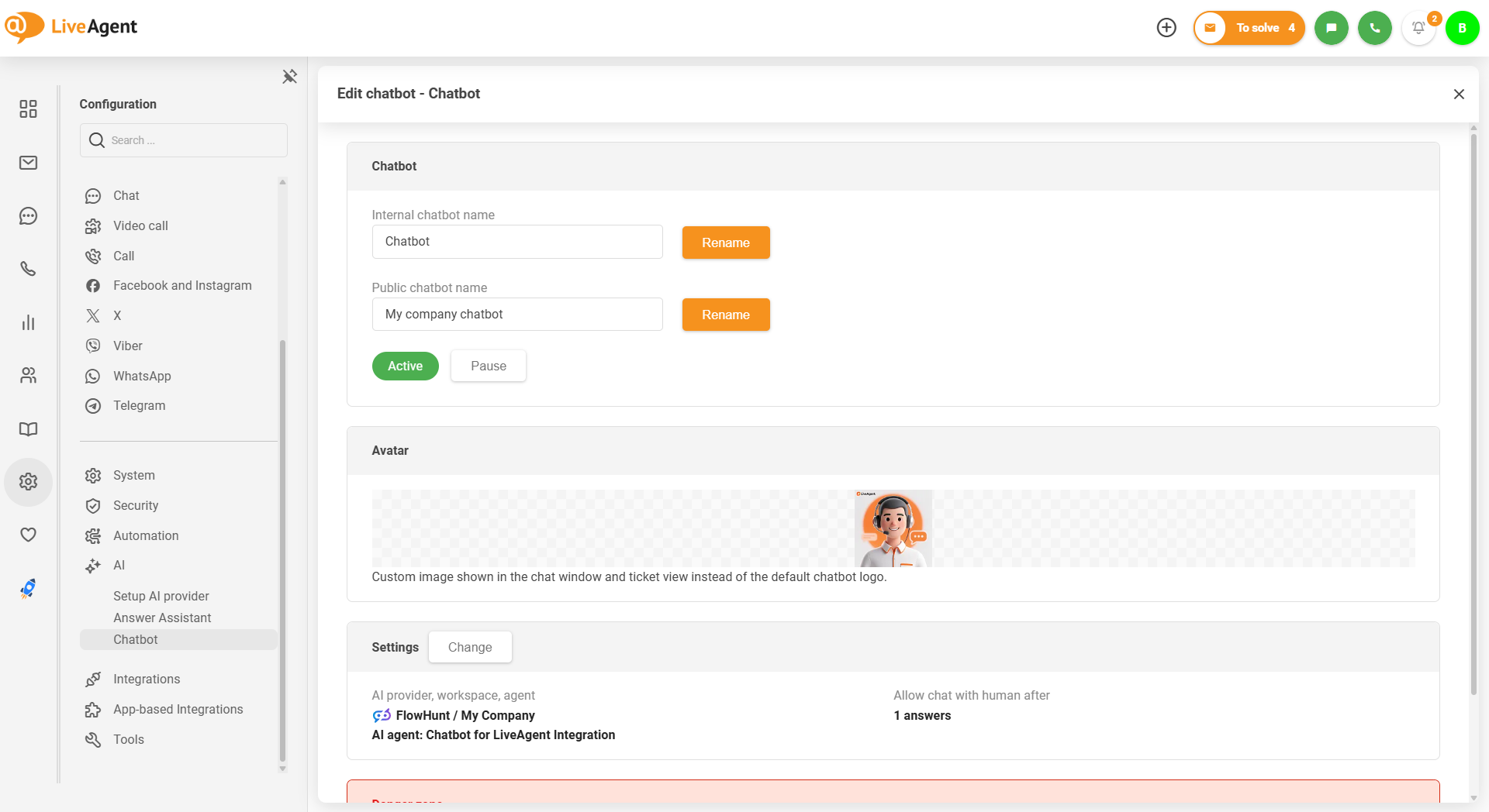 LiveAgent AI chatbot kohandatud avatari pildi üleslaadimisega