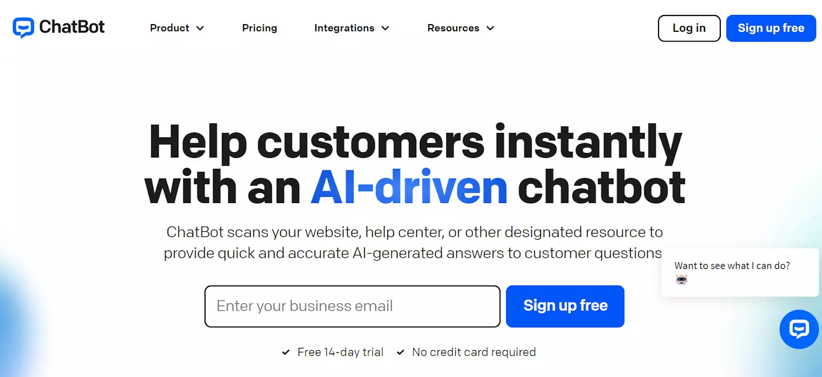 ChatBot'i kodulehe kuvatõmmis - pakkuda tehisintellekti loodud vastuseid nende võimsa chatbotiga