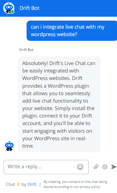 Pilt Drift'i chatbotist, kes vesteleb kliendiga nende live chat tööriista kaudu
