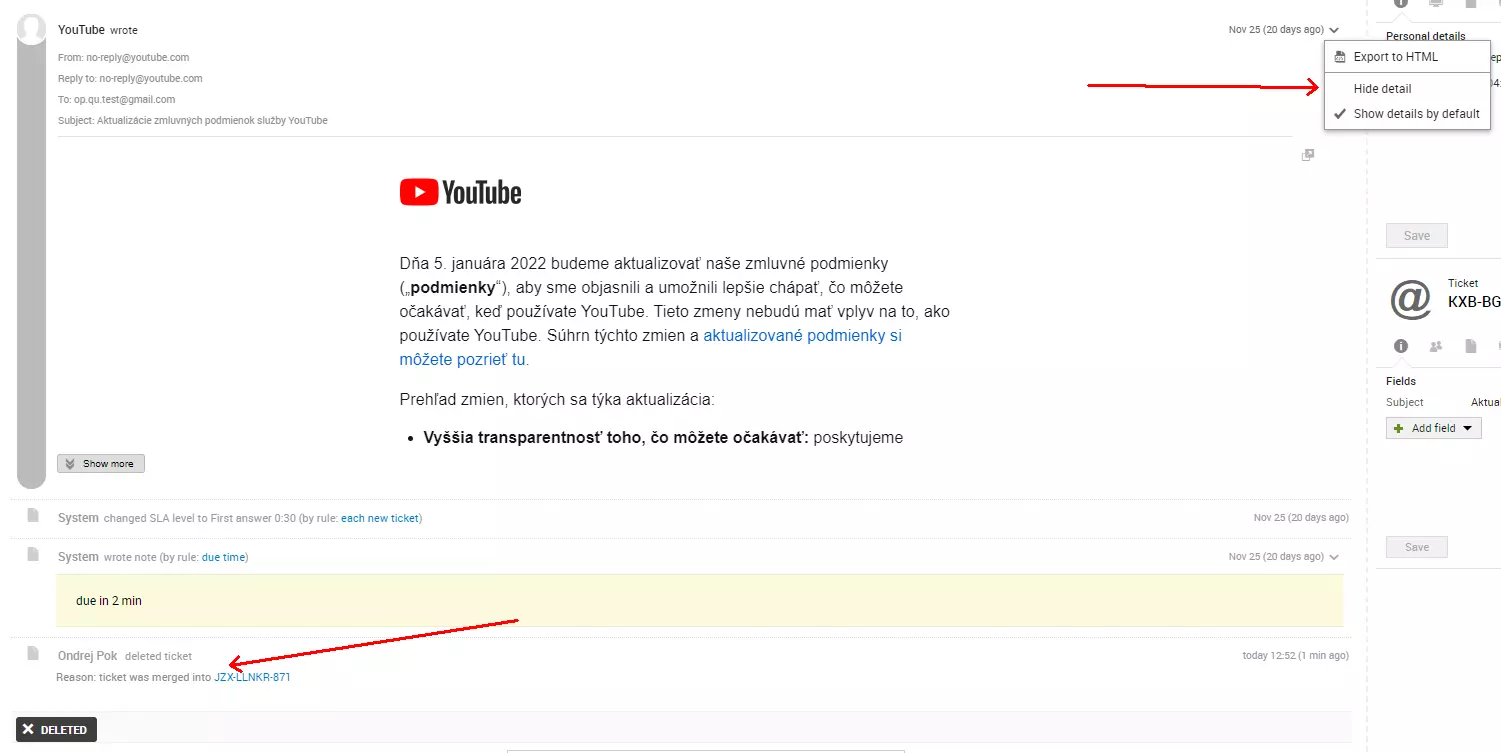 Pilt, mis näitab e-posti allika viga pärast kahe pileti ühendamist, probleem, mis oli olemas LiveAgent vanemais versioonides