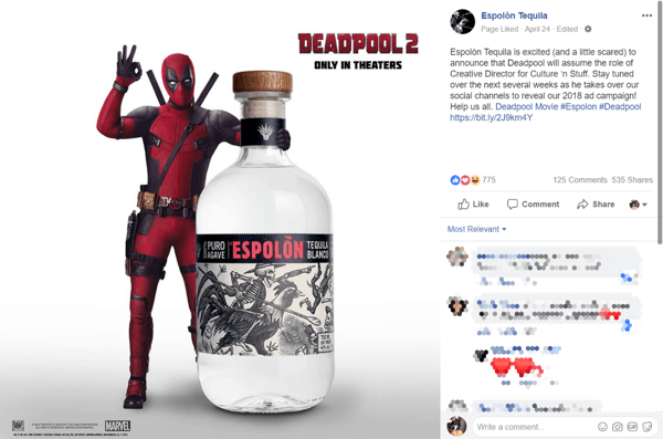 Tequila kaubamärgi partnerluse kuulutamine Deadpool 2 filmiga Facebookis