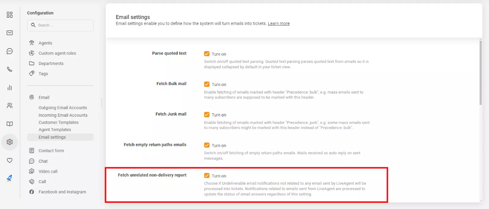 E-posti seadistused LiveAgent'is, mis näitavad 'toomise seotud kohaletoimetamata aruande' valikut
