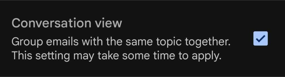 Märkeruut Vestluse vaate lubamiseks ja keelamiseks Gmail'i rakenduses
