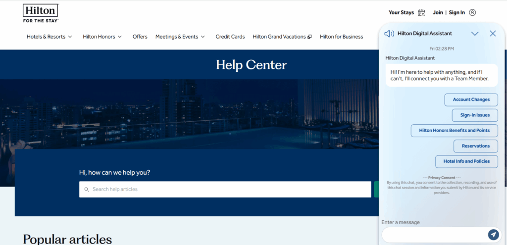 Hiltoni digitaalne assistent Hiltoni veebilehel