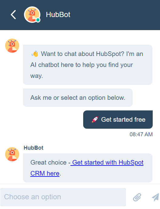 Pilt näitab, kuidas live chat vestlus HubSpot'i kaudu välja näeb