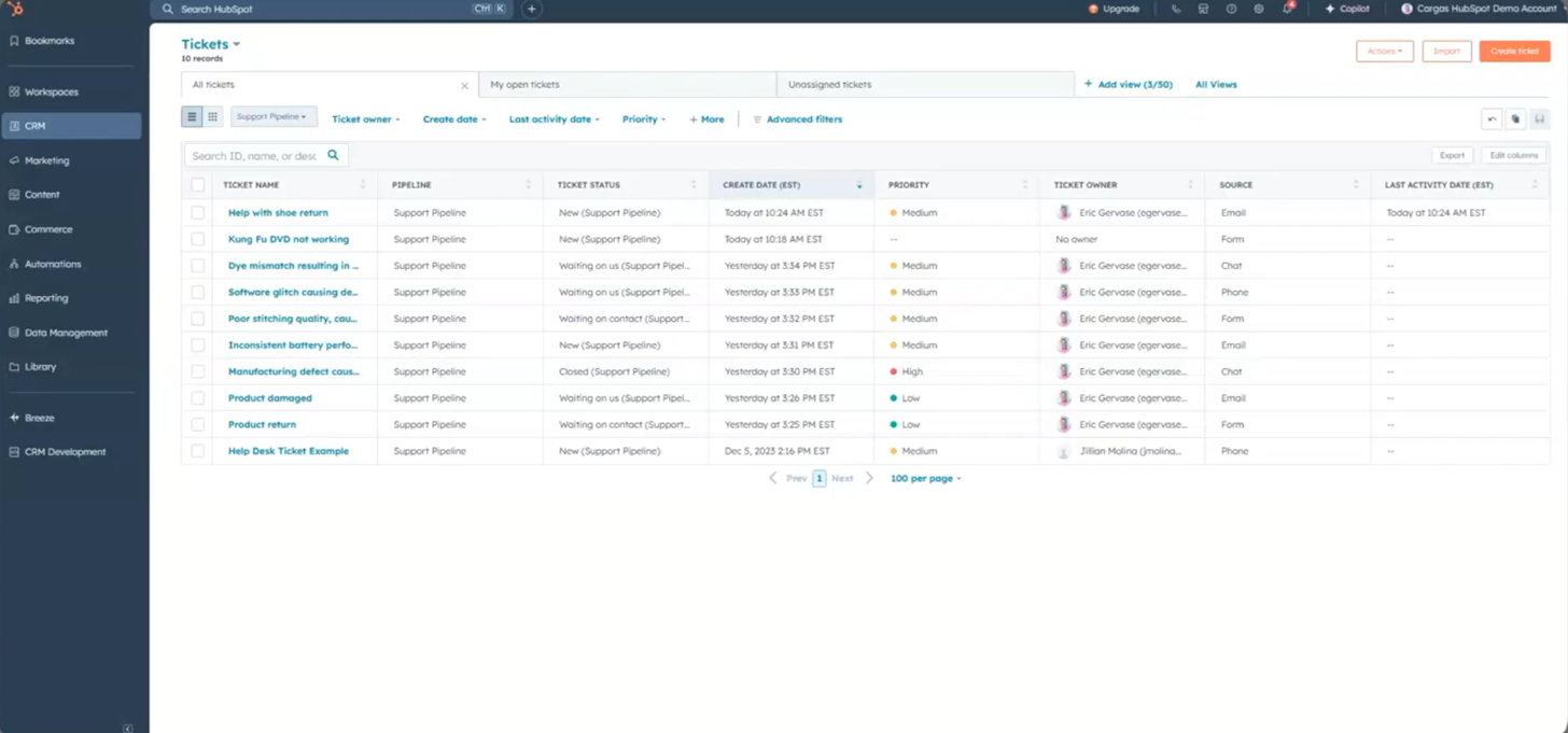 HubSpot Service Hub'i abilaud piletite torujuhtme ja CRM-i kirjega
