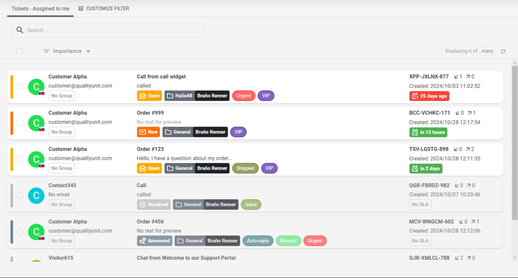 Piletihalduse ekraan klientide piletite üksikasjadega, näidates reageerivat piletite vaadet.