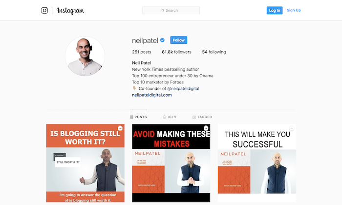 Neil Patel jagab digitaalse turunduse teadlikkust Instagramis