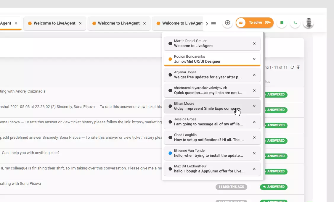 LiveAgent - Avatud piletite loend