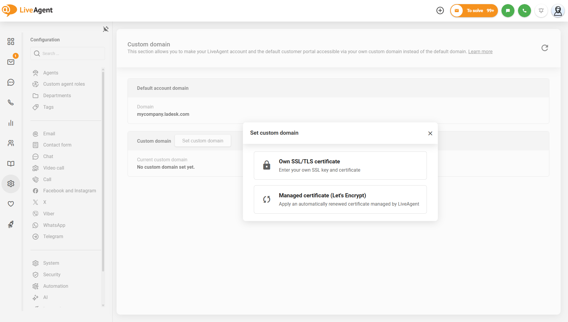 LiveAgent kohandatud domeeni seaded Let's Encrypt hallatava sertifikaadi valikuga