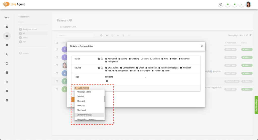 LiveAgent Lisa kliendi filter