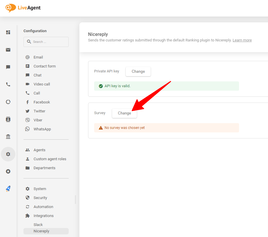 Valige Nicereply küsitlus, mida soovite pärast API võtme kleepimist oma LiveAgent kontole