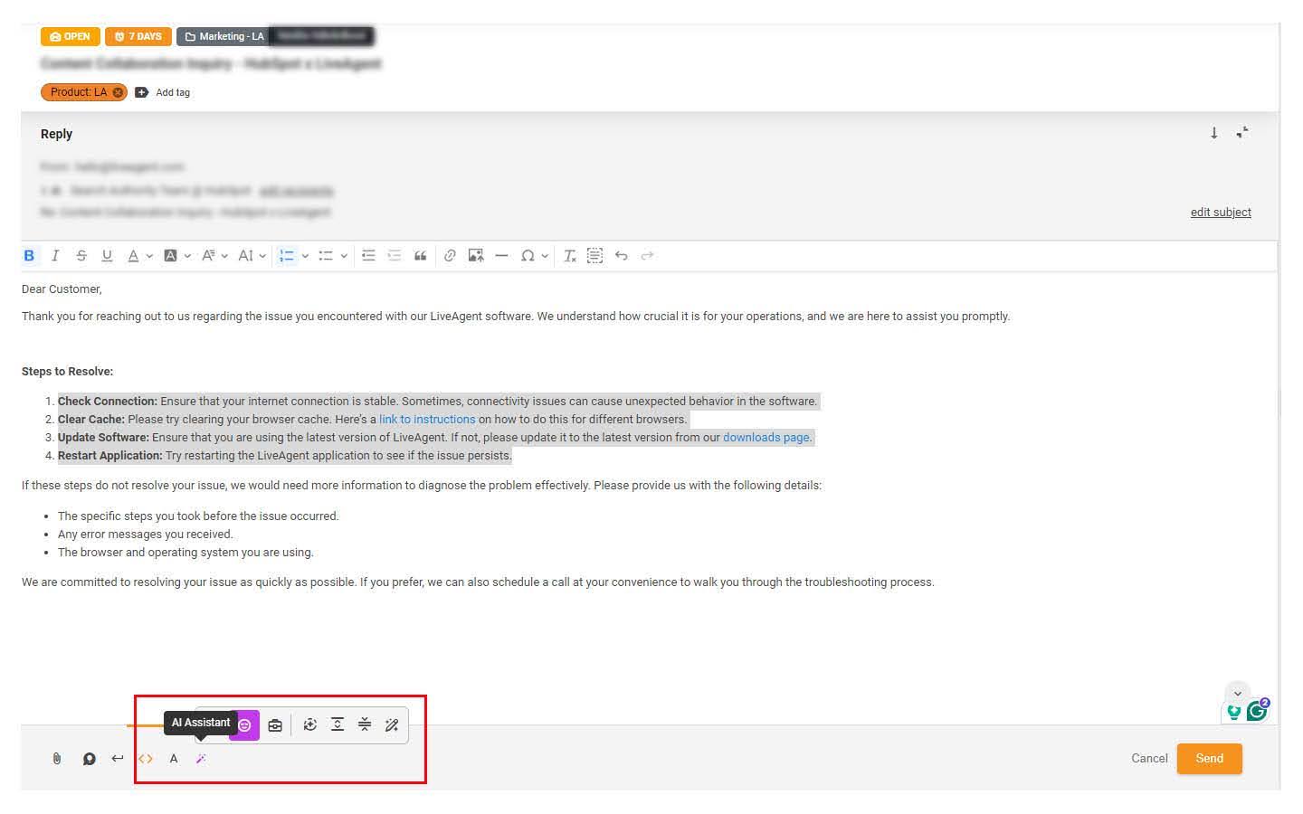 LiveAgenti AI vastuse assistendi liides