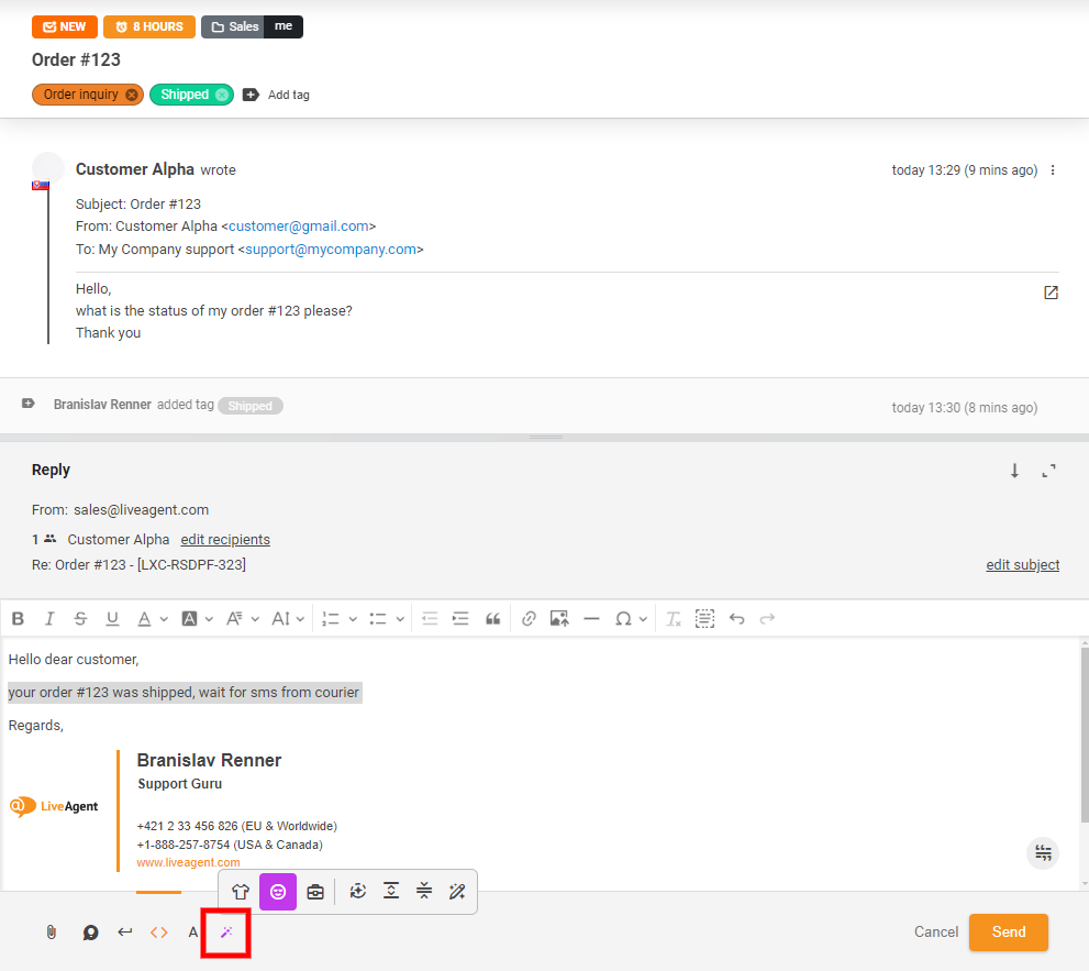 Kuvatõmmis AI vastuste assistendi nupust vestluse vaates