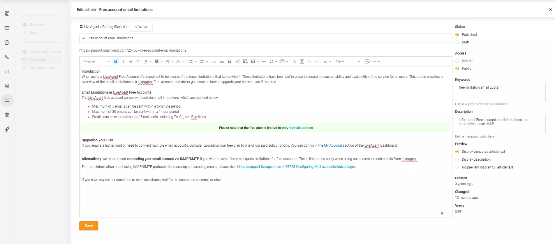 Artikli editor LiveAgent-is
